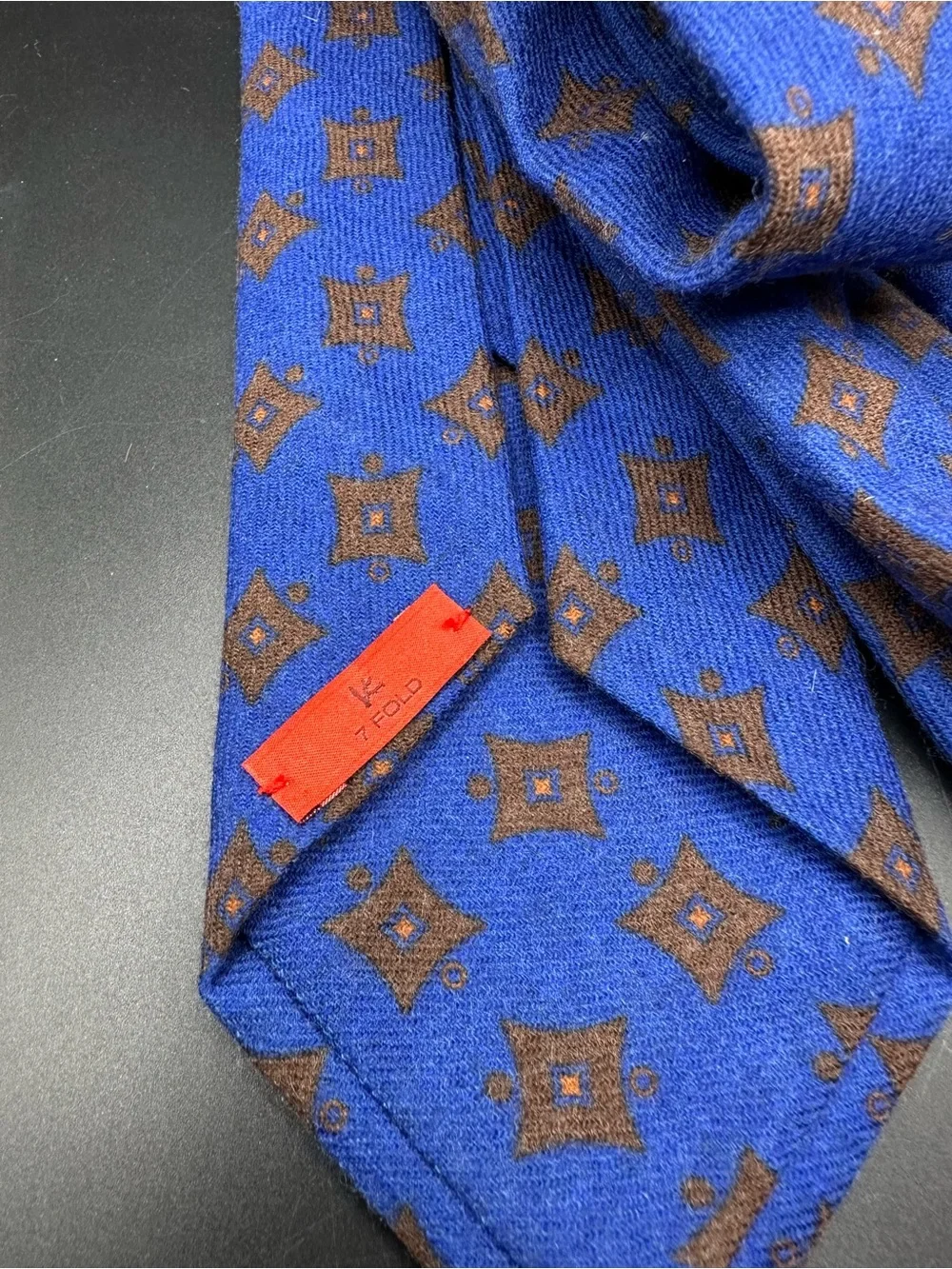ISAIA Wool Cobalt Tie with Brown Medallion